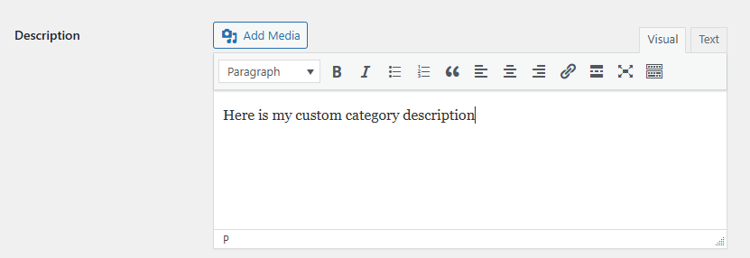 Screenshot of the Description input field in the WordPress WooCommerce Edit Category page via the dashboard